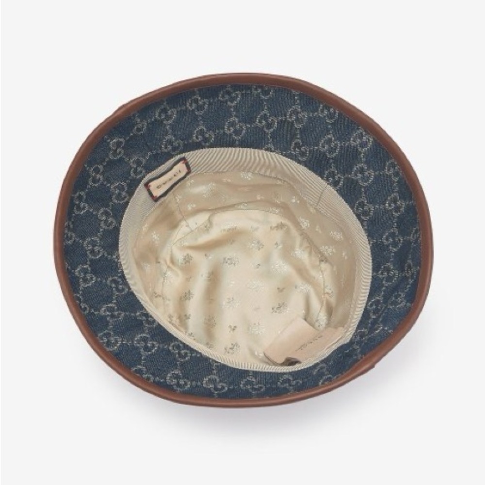 Denim Supreme Monogram Bucket Hat Stiff Navy Blue Canvas Brown Calf Leather Trim - Picture 9 of 13